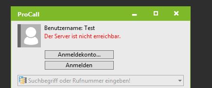 Beispiel Screenshot von ProCall Client Fehlermeldung - Der Server ist nicht erreichbar