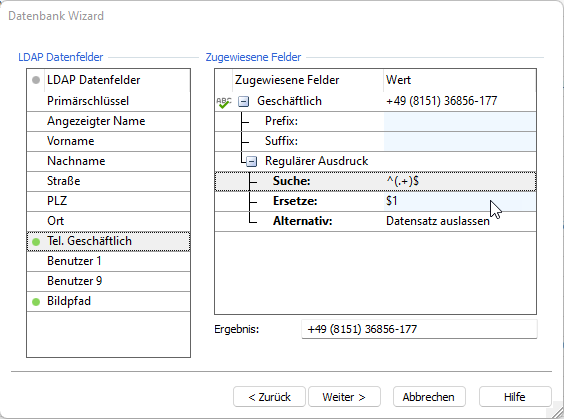 Beispiel Screenshot Datenbank Wizard - LDAP-Datenfelder - Zugewiesene Felder - Regulärer Ausdruck Beispiel Screenshot Datenbank Wizard - LDAP-Datenfelder - Zugewiesene Felder - Regulärer Ausdruck