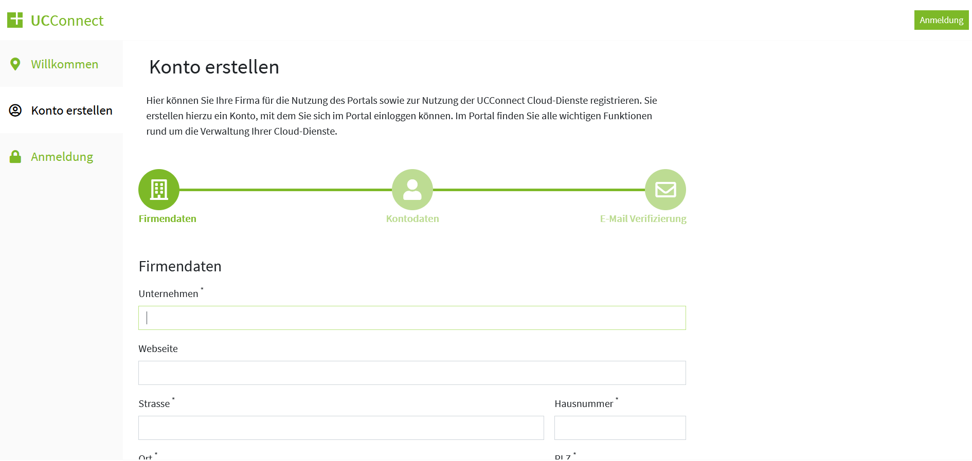 Beispiel Screenshot estos UCConnect Portal - Konto erstellen und Firmendaten eingeben