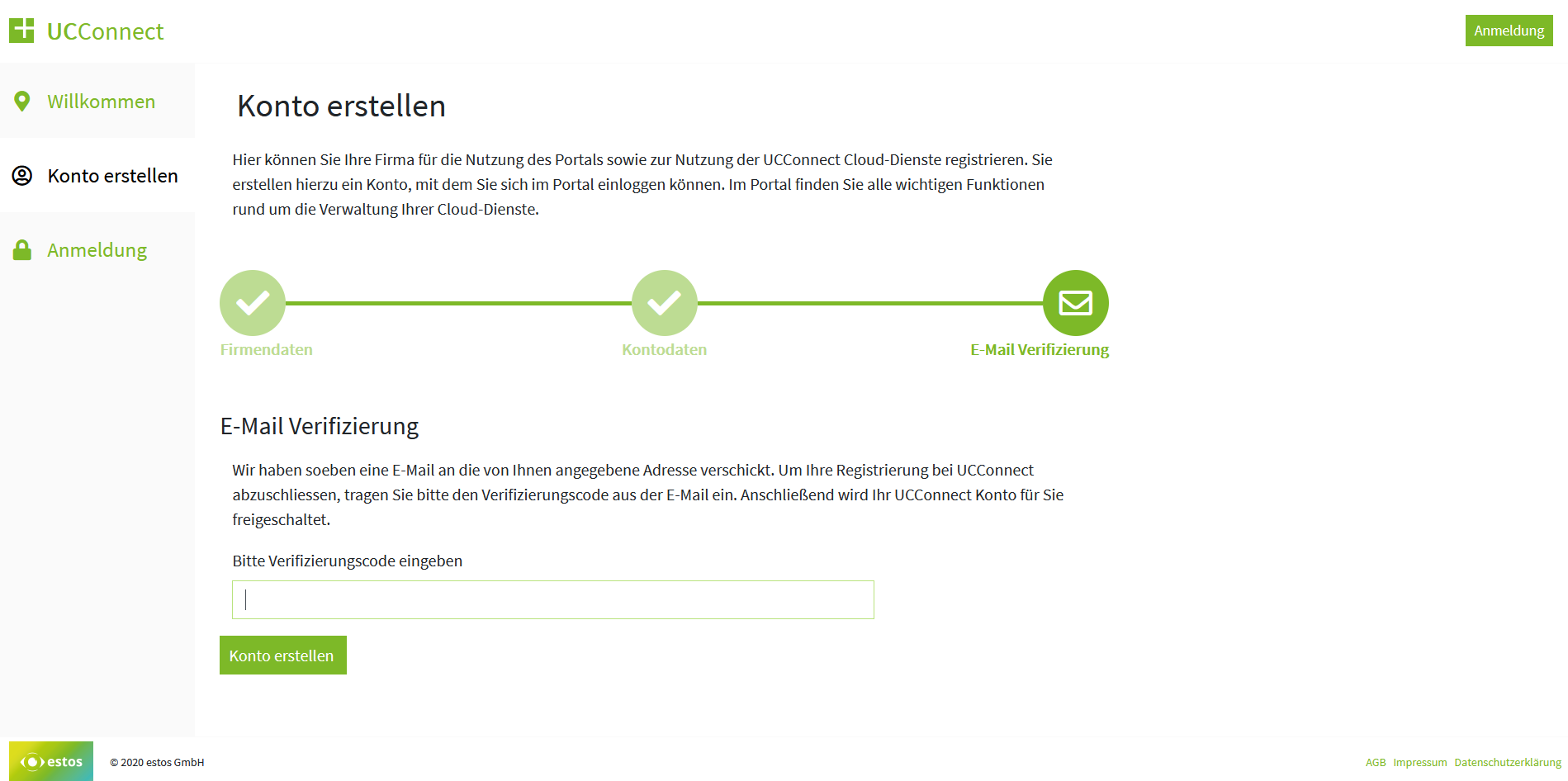 Beispiel Screenshot estos UCConnect Portal - Konto verifizierenben