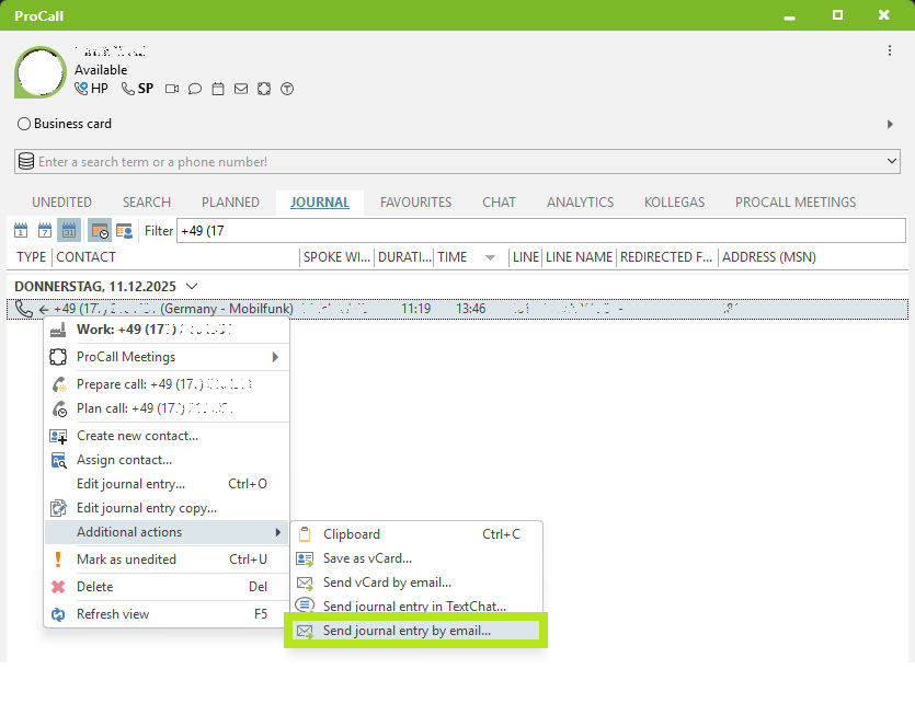 Beispiel Screenshot: ProCall - Journaleintrag per E-Mail senden...