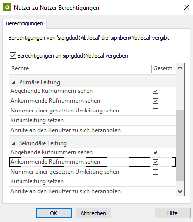 Beispiel Screenshot estos ProCall: Nutzer zu Nutzer Berechtigungen - Primäre und sekundäre Leitung