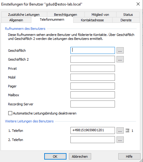 Beispiel Screenshot estos ProCall: Einstellungen für Benutzer - Telefonnummern - Rufnummern des Benutzers