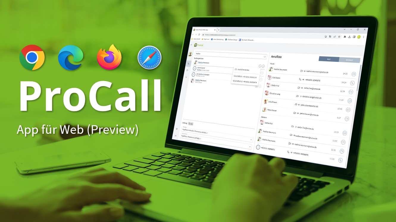 ProCall App für Web (Preview) - Bild mit Laptop und Benutzeroberfläche