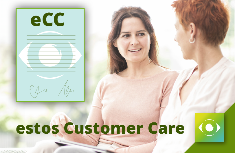 eCC estos Customer Care - technische Unterstützung für Endanwenderunternehmen - das Bild zeigt zwei Frauen, einen unterschriebenen Vertrag und das estos Logo