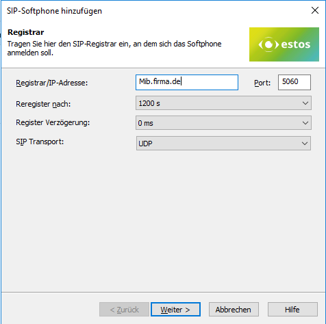 Beispiel Screenshot bei der Einrichtung der Telefonanlage für ProCall - SIP-.Softphone hinzufügen und Registrar-Daten eingeben 
