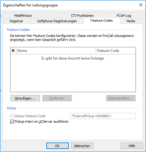 Beispiel Screenshot UCServer Verwaltung - Eigenschaften für Leitungsgruppe - Feature Codes - Pickup einrichten - Pickup intern im UCServer ausführen