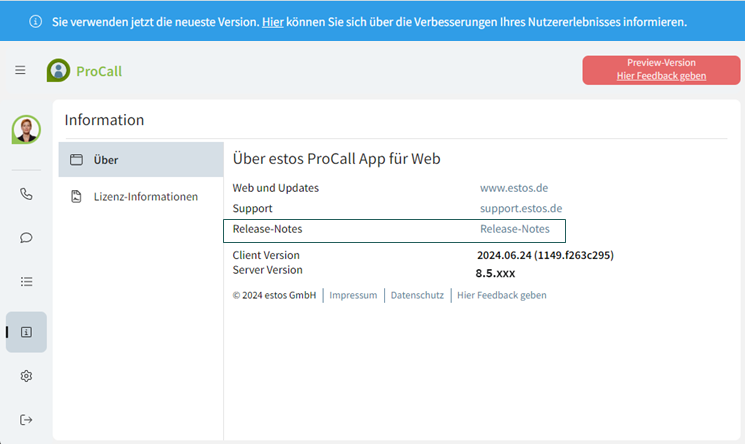 estos Beispiel Screenhot ProCall App für Web -  Release Notes jetzt direkt unter Information aufrufbar