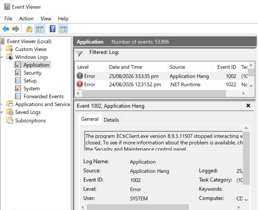 Sample screenshot Microsoft Event Viewer - shows event viewer (local) with windows logs of the application and the filtered logs