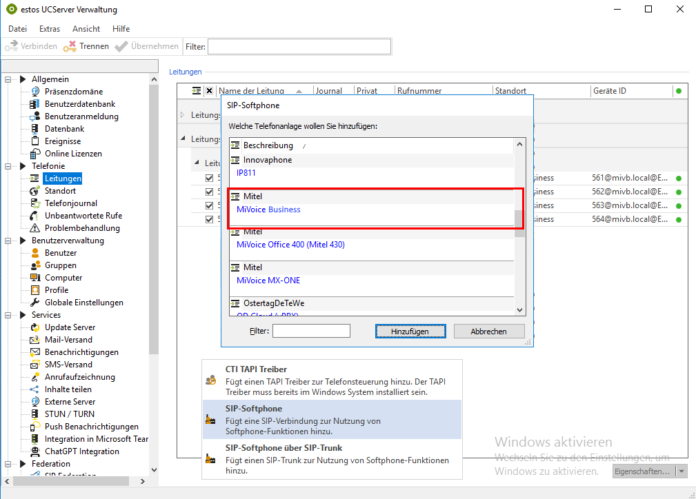 Beispiel Screenshot UCServer Verwaltung - Telefonie - Leitungen - Mitel MiVoice Business als Telefonanlage unter SIP Softphone hinzufügen